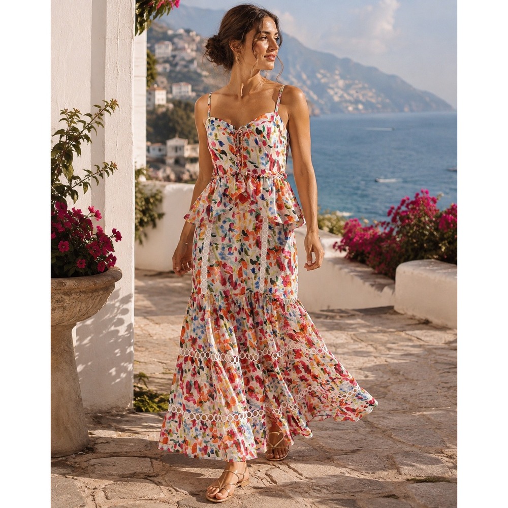 Guadalupe Zarafina Rainbow Sample Midi Dress Tiered Lace NWT Small